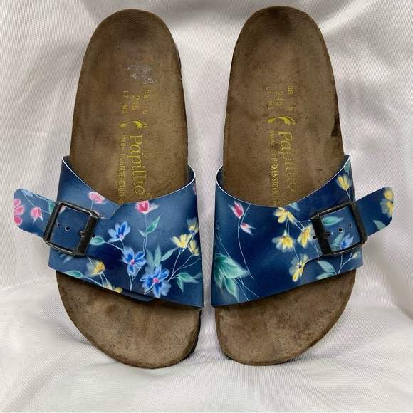 Birkenstock Shoes - Papillio Sz 38/7/7.5 N Blue Slide Birko-flor flower floral Women Sandals